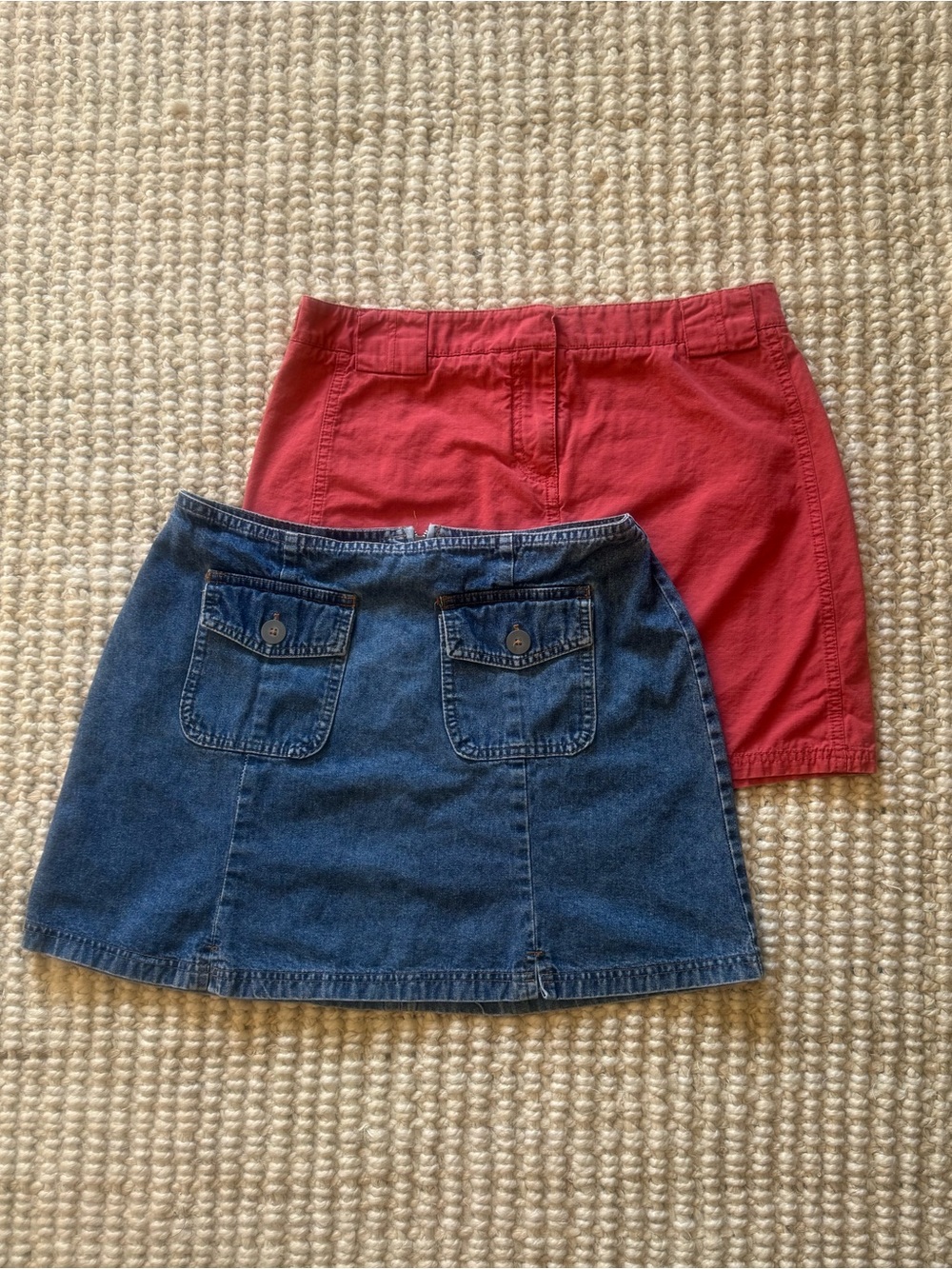 J. Crew Red Cotton Mini Skirt and different brand denim skirt
